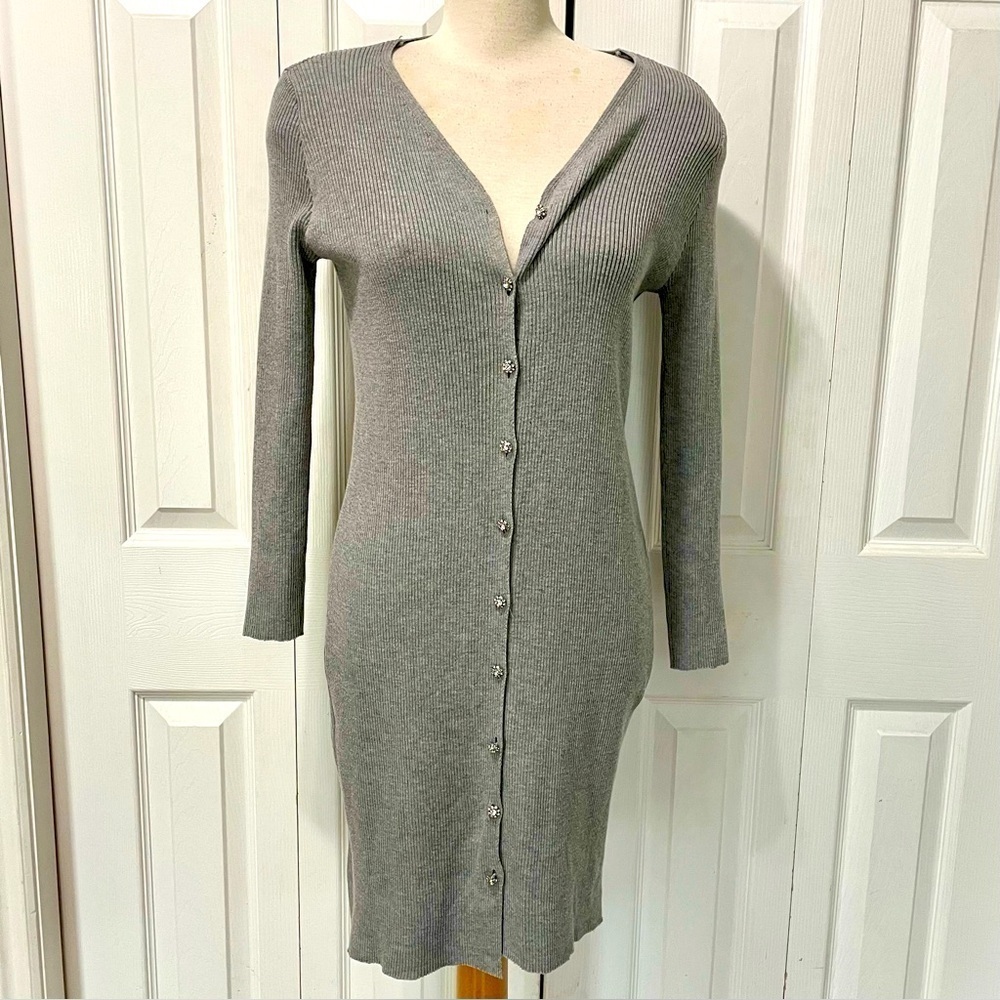 Zara Heather Gray Ribbed Long Line Cardigan/Sweater Dress & Rhinestone Buttons